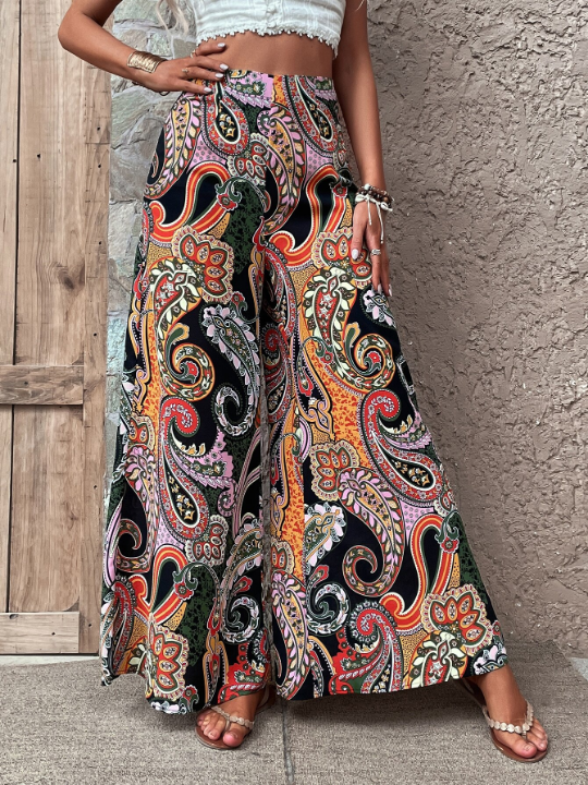 VCAY Paisley Print Zip Side Wide Leg Pants