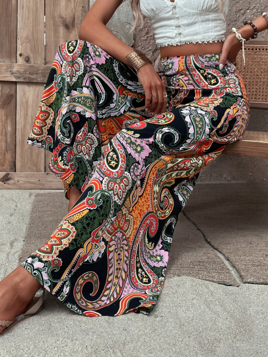 VCAY Paisley Print Zip Side Wide Leg Pants