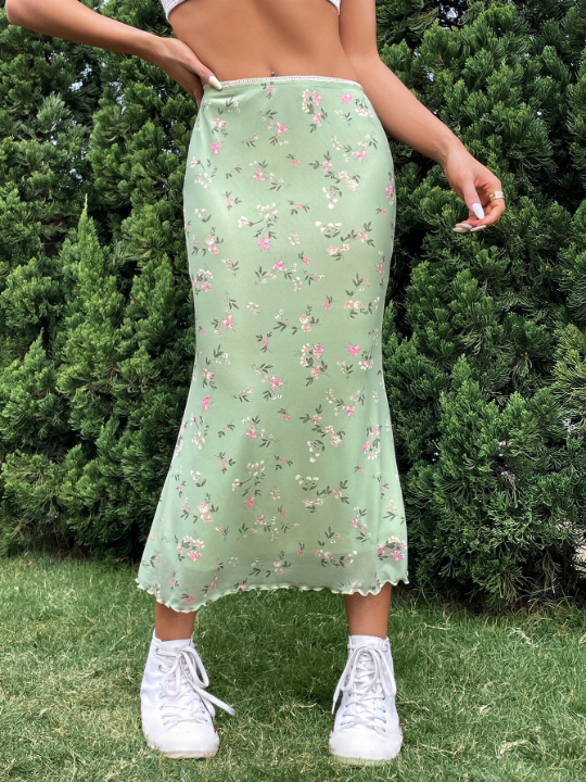 EZwear Floral Print Lettuce Trim Mesh Skirt