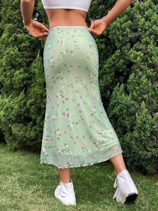 EZwear Floral Print Lettuce Trim Mesh Skirt