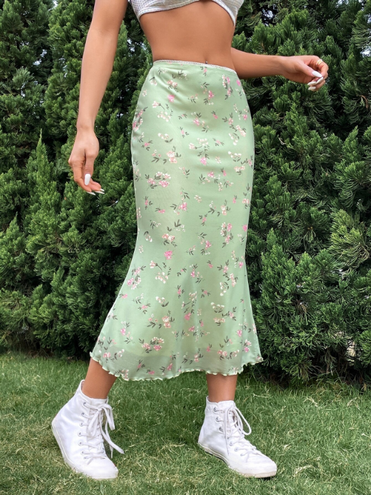 EZwear Floral Print Lettuce Trim Mesh Skirt