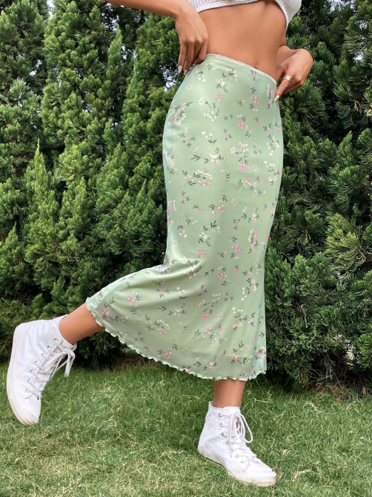 EZwear Floral Print Lettuce Trim Mesh Skirt