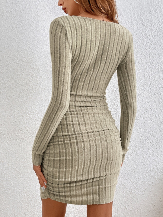 Frenchy Solid Color Ribbed Knit Long Sleeve Dress