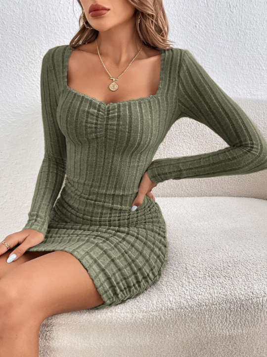 Frenchy Women's Sweetheart Neckline Ribbed Long Sleeve Dress