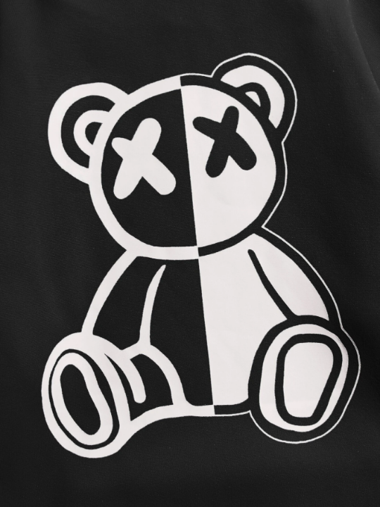 Manfinity Hypemode Men Bear Print Drawstring Thermal Lined Hoodie