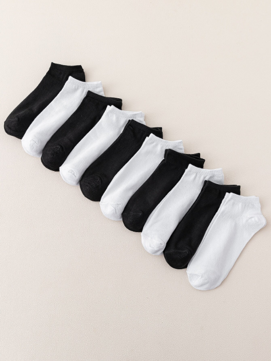 10 Pairs/Set Women's Basic Black & White Boat Socks, Suitable For Business & Casual Occasions, Daily Use