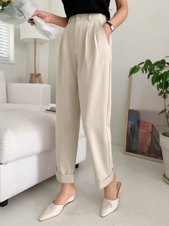 DAZY High Waist Plicated Detail Roll Hem Pants