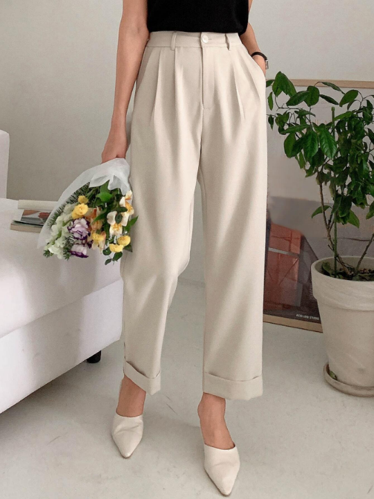 DAZY High Waist Plicated Detail Roll Hem Pants