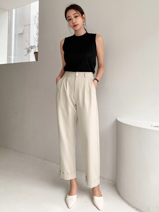 DAZY High Waist Plicated Detail Roll Hem Pants