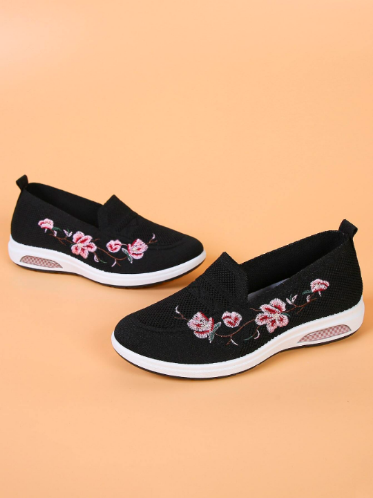 Women Floral Pattern Embroidery Detail Running Shoes, Sporty Outdoor Sneakers