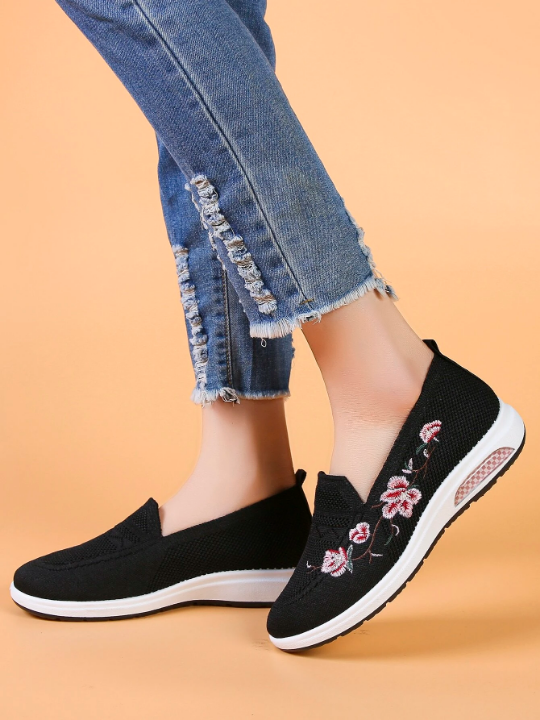 Women Floral Pattern Embroidery Detail Running Shoes, Sporty Outdoor Sneakers