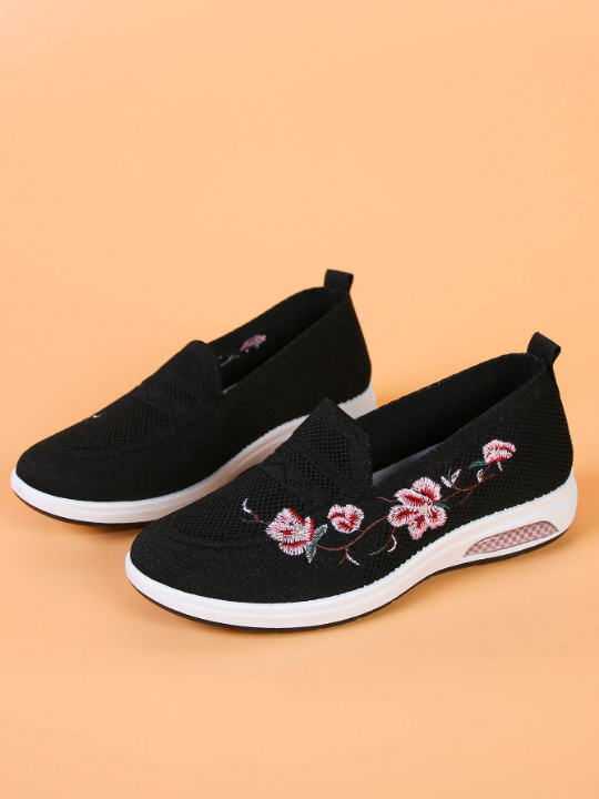 Women Floral Pattern Embroidery Detail Running Shoes, Sporty Outdoor Sneakers