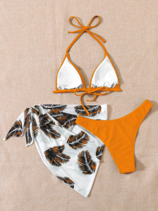 Swim Vcay 3pack Halter Triangle Bikini Swimsuit With Palm Print Beach Skirt