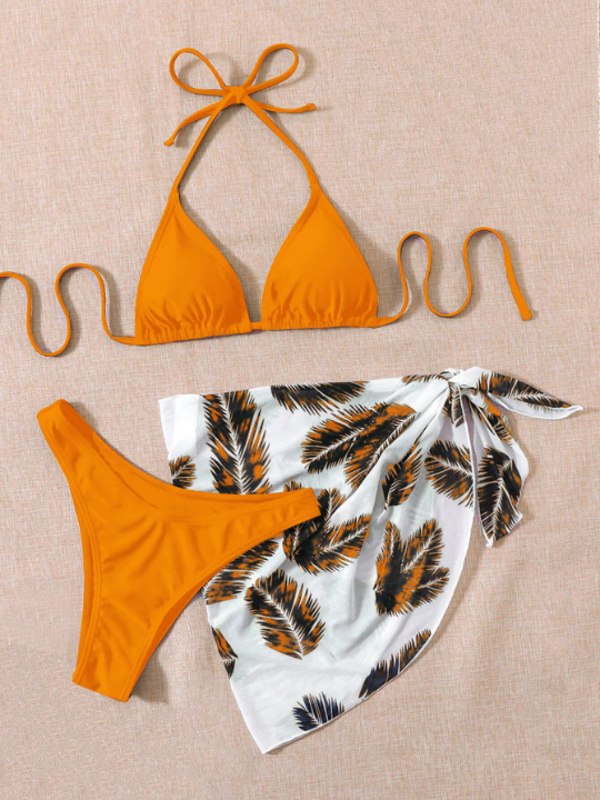 Swim Vcay 3pack Halter Triangle Bikini Swimsuit With Palm Print Beach Skirt