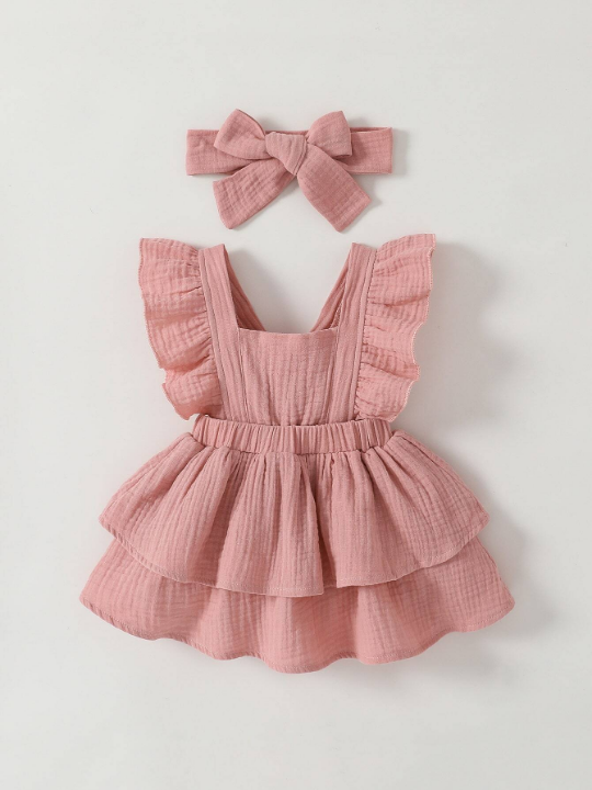 Baby Girl Newborn Ruffle Trim Layer Hem Dress With Accessory Headband