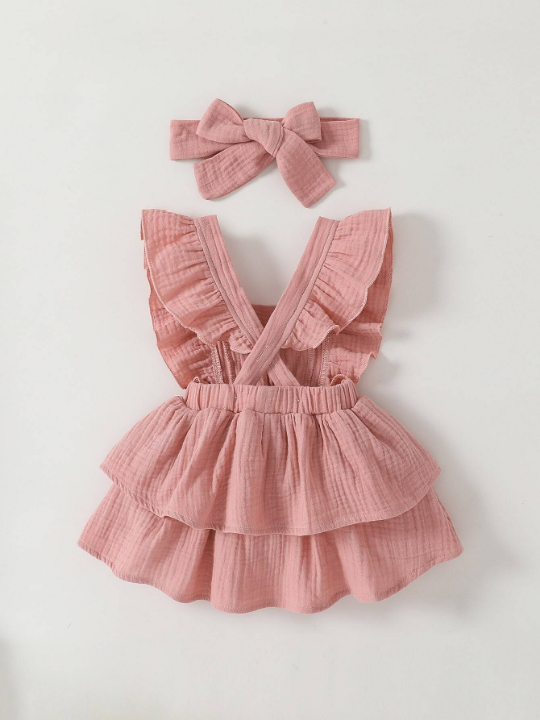 Baby Girl Newborn Ruffle Trim Layer Hem Dress With Accessory Headband