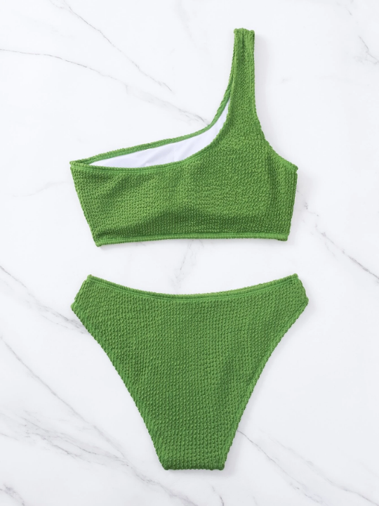 Swim Basics Textured One Shoulder Bikini Swimsuit