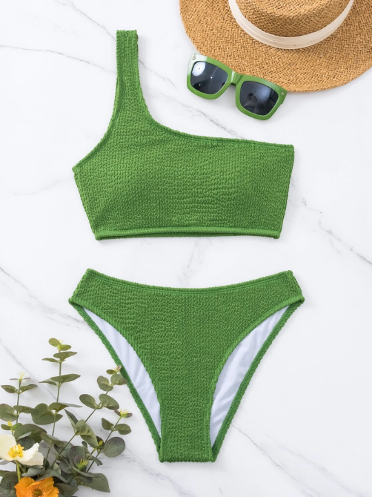 Swim Basics Textured One Shoulder Bikini Swimsuit