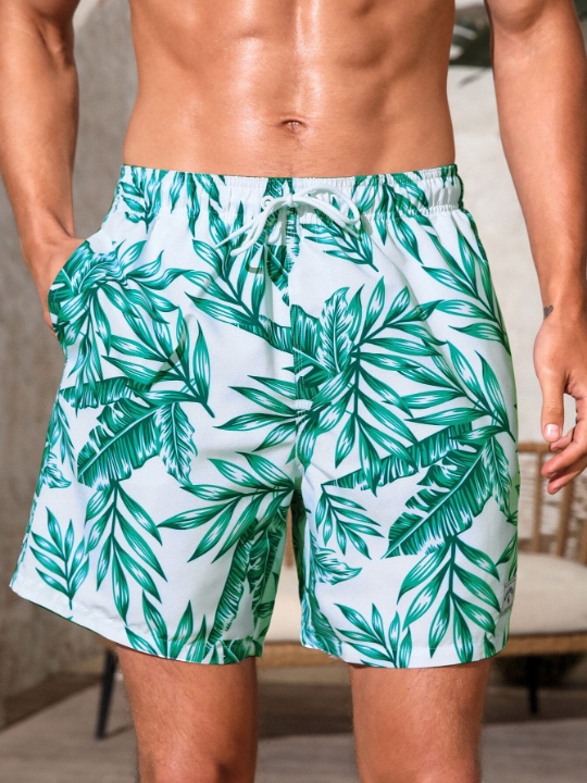 Manfinity Swimmode Men Tropical Print Letter Patched Detail Drawstring Waist Swim Trunks