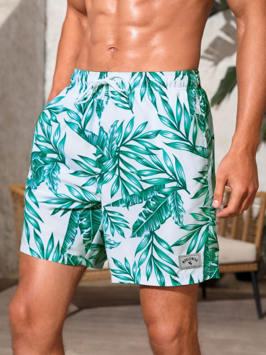 Manfinity Swimmode Men Tropical Print Letter Patched Detail Drawstring Waist Swim Trunks