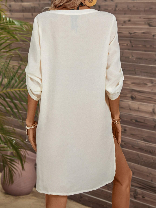 Roll Tab Sleeve Split Hem Cover Up Dress Without Bikini