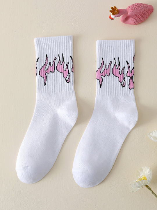 1pair Women Fire Pattern Crew Socks For Daily Life