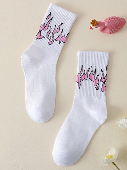 1pair Women Fire Pattern Crew Socks For Daily Life