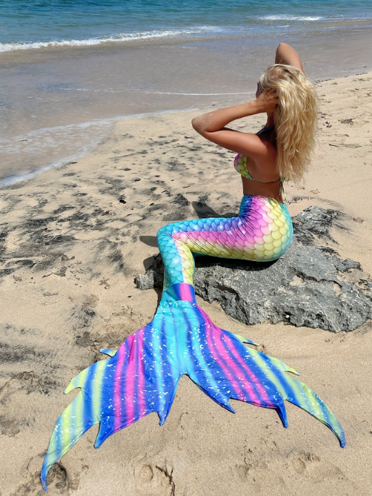 Swim Vcay Fish Scales Print Bikini Set Triangle Bra & Bikini Bottom & Mermaid Tail Cover Up Skirt 3 Piece Bathing Suit