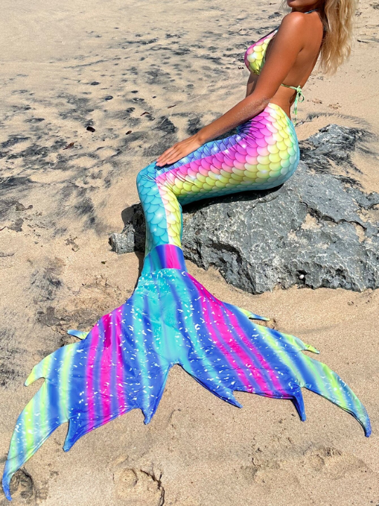 Swim Vcay Fish Scales Print Bikini Set Triangle Bra & Bikini Bottom & Mermaid Tail Cover Up Skirt 3 Piece Bathing Suit