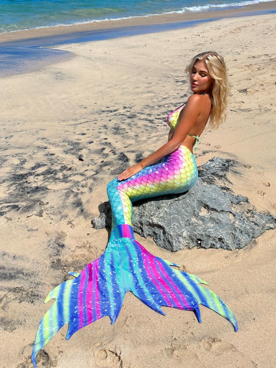 Swim Vcay Fish Scales Print Bikini Set Triangle Bra & Bikini Bottom & Mermaid Tail Cover Up Skirt 3 Piece Bathing Suit