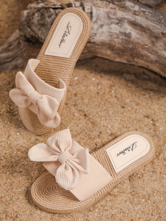 Women Beige Solid Bow Decor Open Toe Slides, Vacation Outdoor Flat Slides