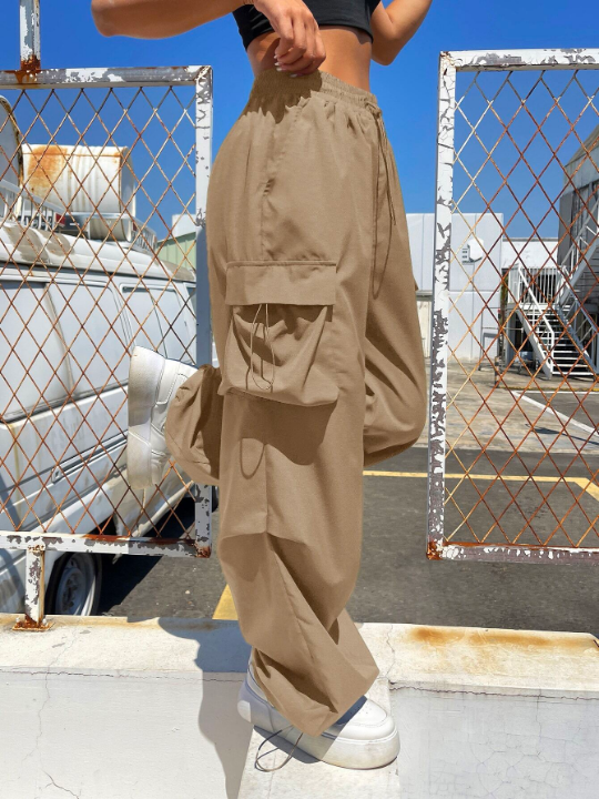 Coolane Drawstring Waist Flap Pocket Parachute Khaki Pants