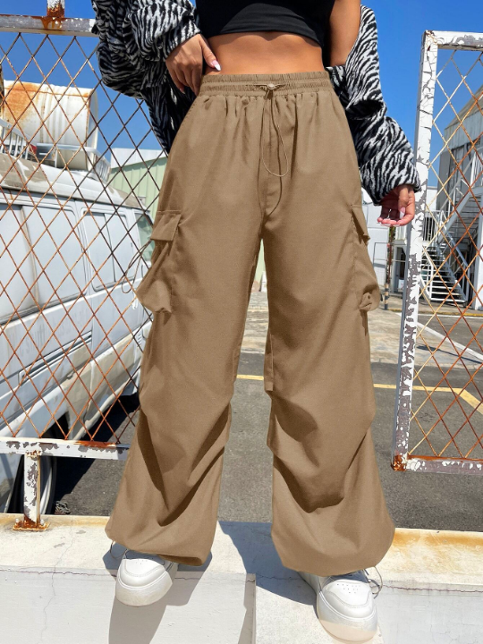 Coolane Drawstring Waist Flap Pocket Parachute Khaki Pants