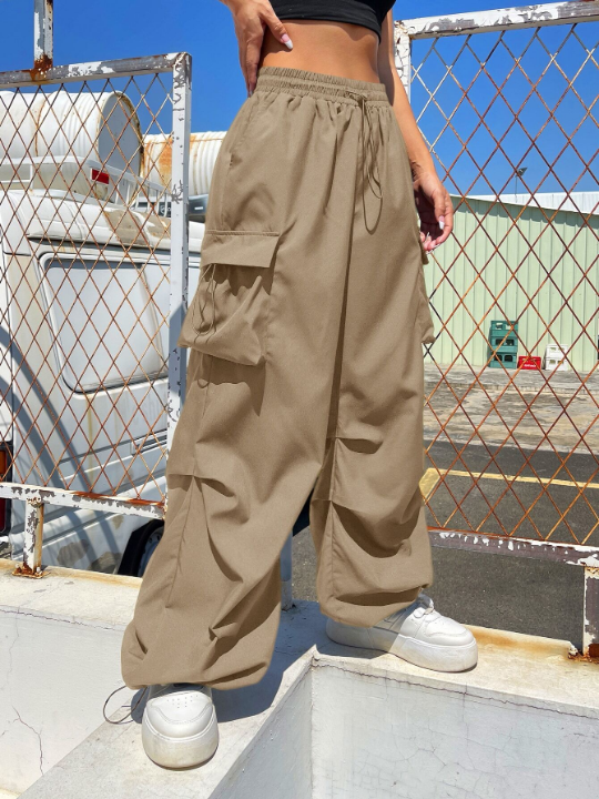 Coolane Drawstring Waist Flap Pocket Parachute Khaki Pants