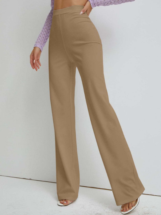 Solid High Waist Straight Leg Pants