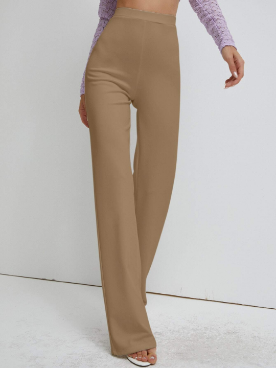 Solid High Waist Straight Leg Pants