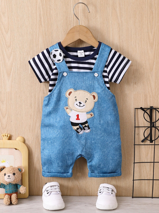 Baby Boy Striped Tee & Bear Patched Overall Romper