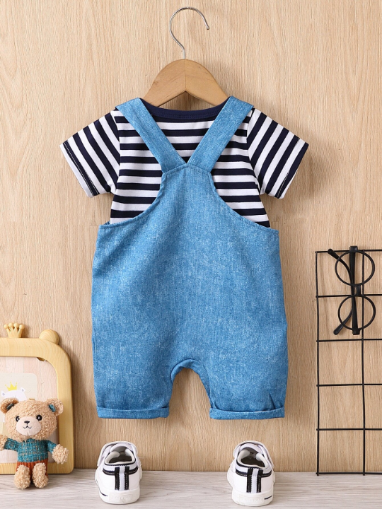 Baby Boy Striped Tee & Bear Patched Overall Romper