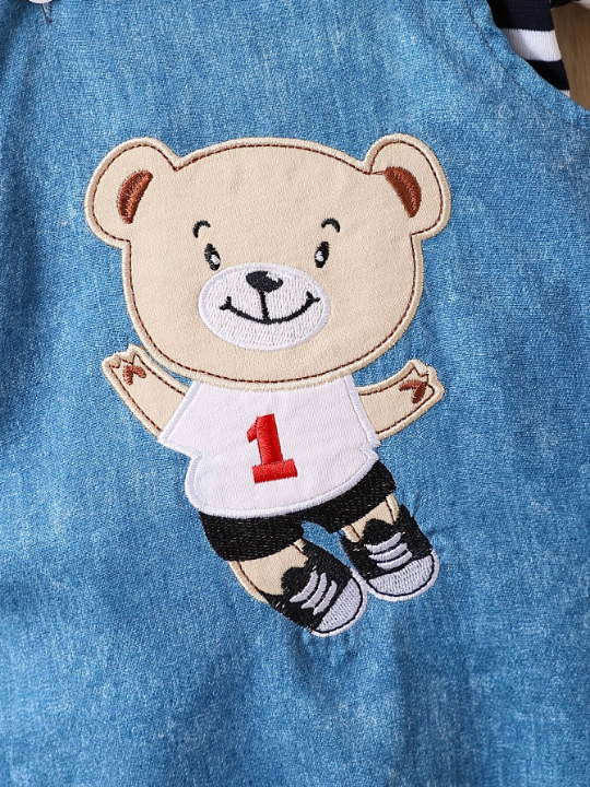 Baby Boy Striped Tee & Bear Patched Overall Romper