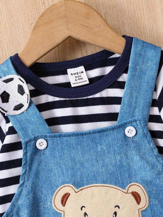 Baby Boy Striped Tee & Bear Patched Overall Romper