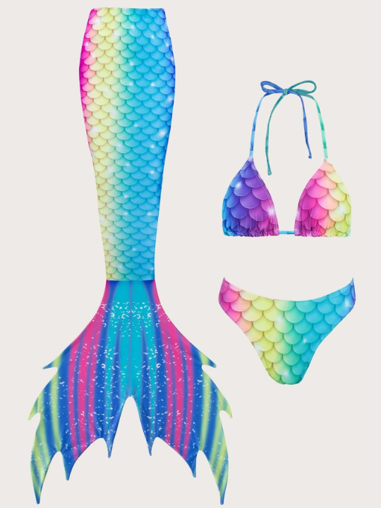 Swim Vcay Fish Scales Print Bikini Set Triangle Bra & Bikini Bottom & Mermaid Tail Cover Up Skirt 3 Piece Bathing Suit