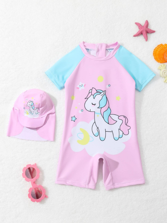 Baby Girl Cartoon Graphic Raglan Sleeve One Piece Swimsuit & Swim Cap