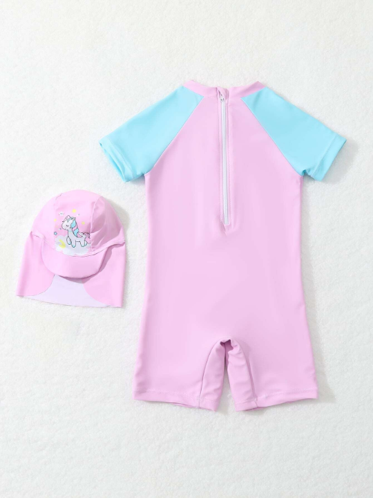 Baby Girl Cartoon Graphic Raglan Sleeve One Piece Swimsuit & Swim Cap