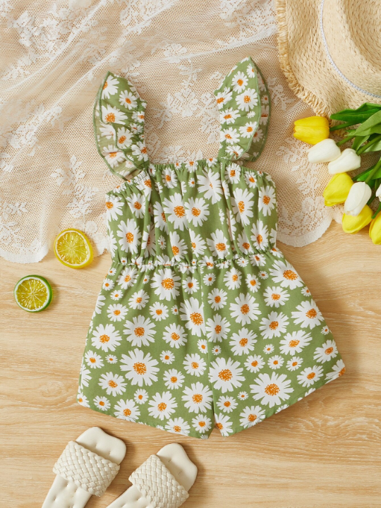 Baby Girl Floral Print Ruffle Trim Romper