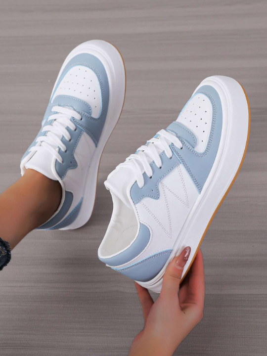 Women's Casual Sports Shoes Color Block Canvas Sneakers, Popular White Shoes For Campus And Sports