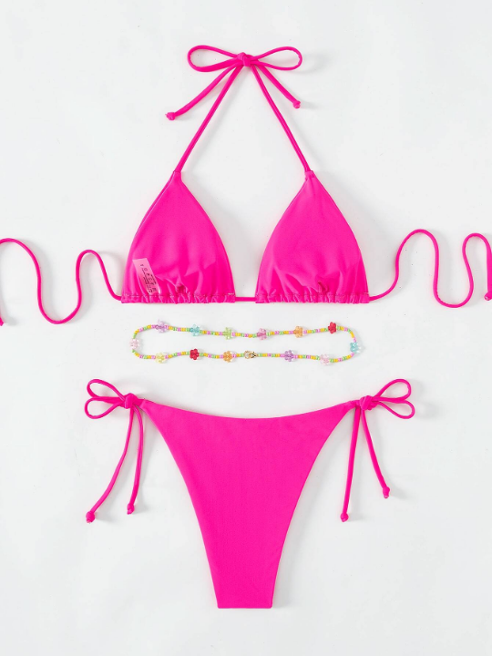 Cute Bikini Set Tie Back Triangle Bra & Tie Side Bottom & Detachable Beaded Belt 3 Piece Bathing Suit