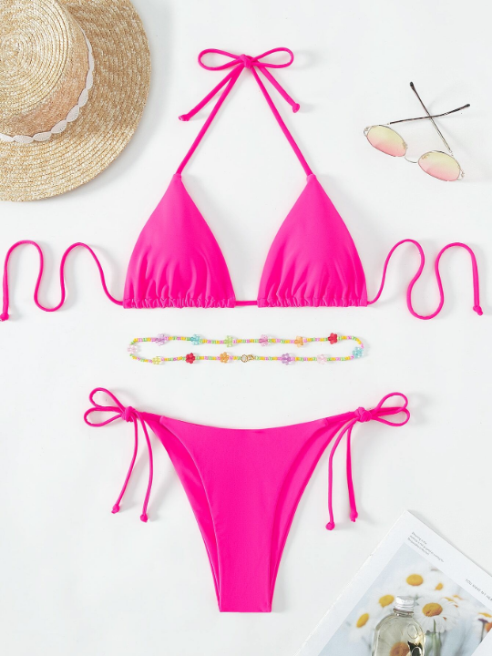 Cute Bikini Set Tie Back Triangle Bra & Tie Side Bottom & Detachable Beaded Belt 3 Piece Bathing Suit