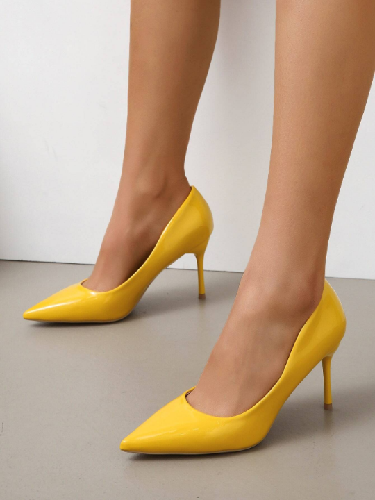 Women Point Toe Stiletto Heeled Court Pumps, Funky Outdoor Yellow Pumps