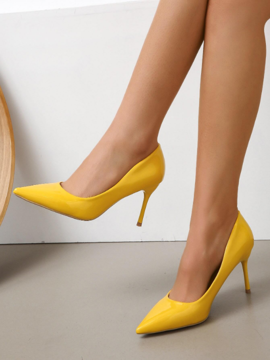 Women Point Toe Stiletto Heeled Court Pumps, Funky Outdoor Yellow Pumps