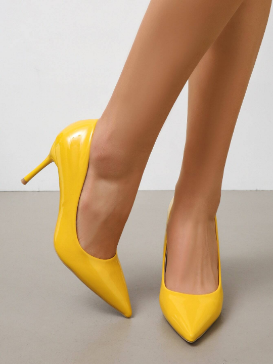 Women Point Toe Stiletto Heeled Court Pumps, Funky Outdoor Yellow Pumps